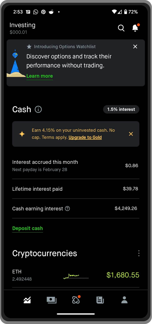 Screen from Robinhood Android app