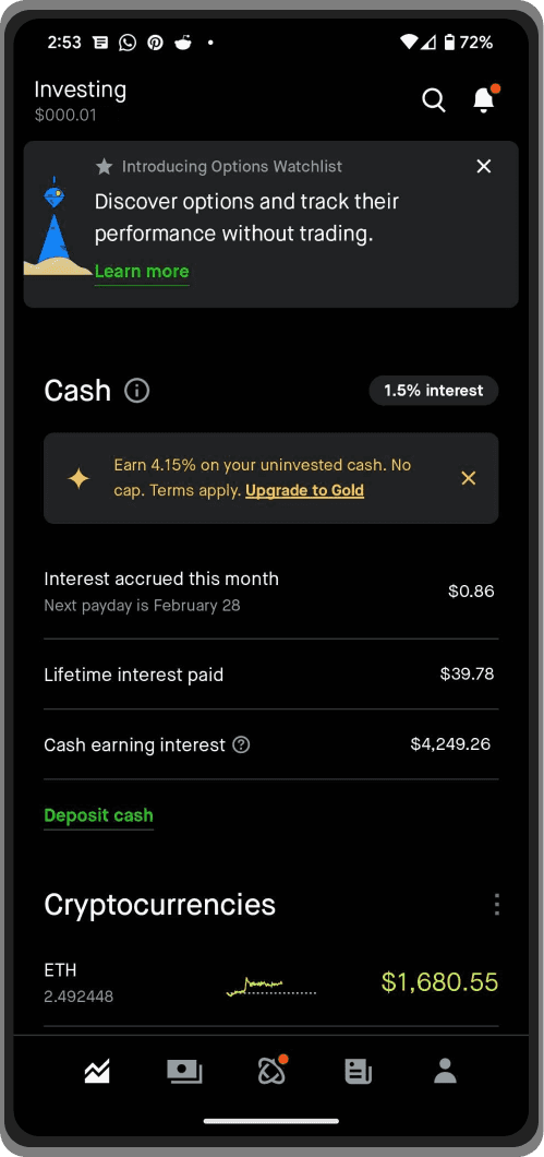 Screen from Robinhood Android app