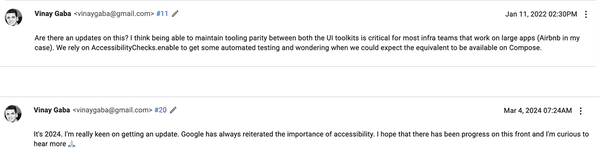 Vinay Gaba following up about automated accessibility checks in tests