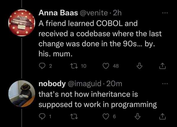 One of the perks of having non technical parents is that I'll never receive COBOL code as inheritance